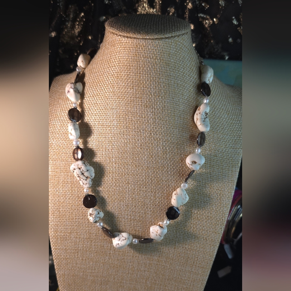 Elegant White and Brown Beaded Necklace